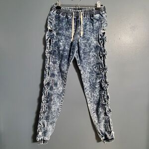 Blue Topic Acid Wash Joggers with Bow Down the Sides Elastic Waist Women Size S